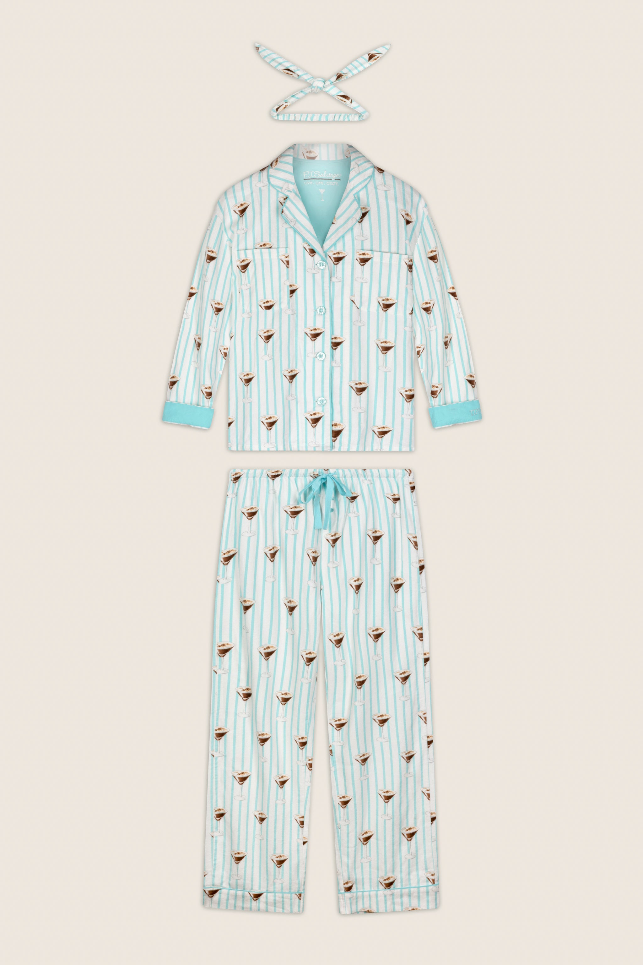 PJ Salvage Espresso Martini Print 3-piece long sleeve flannel pajama set in pool blue stripes