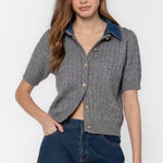 Rosie Heather Grey Short Sleeve Cardigan with removeable denim collar at ooh la la! in Grapevine TX 76051
