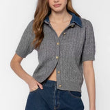 Rosie Heather Grey Short Sleeve Cardigan with removeable denim collar at ooh la la! in Grapevine TX 76051