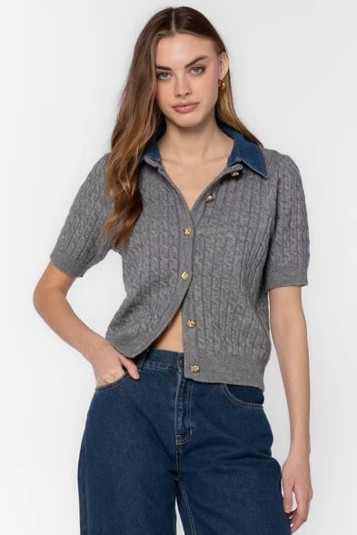 Rosie Heather Grey Short Sleeve Cardigan with removeable denim collar at ooh la la! in Grapevine TX 76051