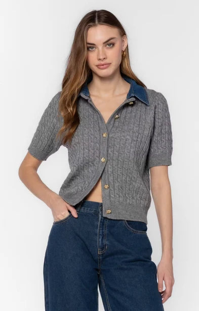 Rosie Heather Grey Short Sleeve Cardigan with removeable denim collar at ooh la la! in Grapevine TX 76051