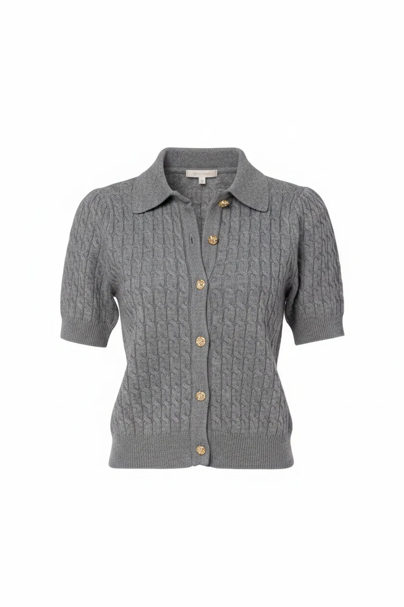 Rosie Heather Grey Short Sleeve Cardigan with removeable denim collar at ooh la la! in Grapevine TX 76051