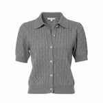 Rosie Heather Grey Short Sleeve Cardigan with removeable denim collar at ooh la la! in Grapevine TX 76051