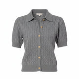 Rosie Heather Grey Short Sleeve Cardigan with removeable denim collar at ooh la la! in Grapevine TX 76051