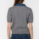 Rosie Heather Grey Short Sleeve Cardigan with removeable denim collar at ooh la la! in Grapevine TX 76051