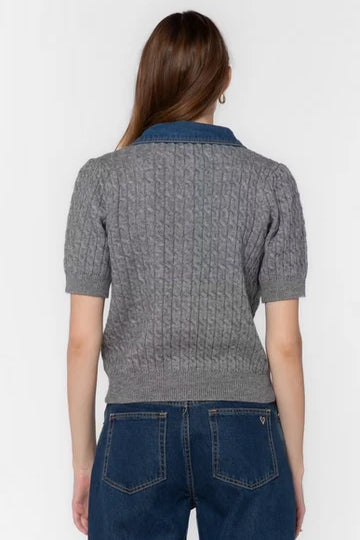 Rosie Heather Grey Short Sleeve Cardigan with removeable denim collar at ooh la la! in Grapevine TX 76051