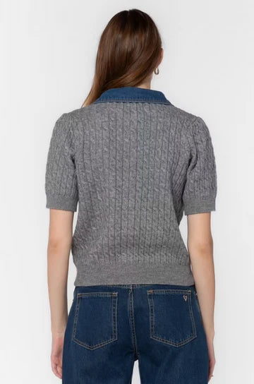 Rosie Heather Grey Short Sleeve Cardigan with removeable denim collar at ooh la la! in Grapevine TX 76051