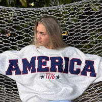 America 1776 sweatshirt, oversized patriotic pullover, dolman sleeve sweatshirt, tackle twill embroidered hoodie, vintage USA apparel, premium cotton sweatshirt, women's oversized 1776 top. at ooh la la! in Grapevine TX 76051