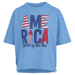 Patriotic graphic tee, slub cotton shirt, 4th of July outfit, American flag t-shirt, boxy fit cotton tee, Land of the Free shirt, women’s patriotic apparel, textured cotton t-shirt. at ooh la la! in Grapevine TX 76051