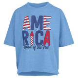Patriotic graphic tee, slub cotton shirt, 4th of July outfit, American flag t-shirt, boxy fit cotton tee, Land of the Free shirt, women’s patriotic apparel, textured cotton t-shirt. at ooh la la! in Grapevine TX 76051