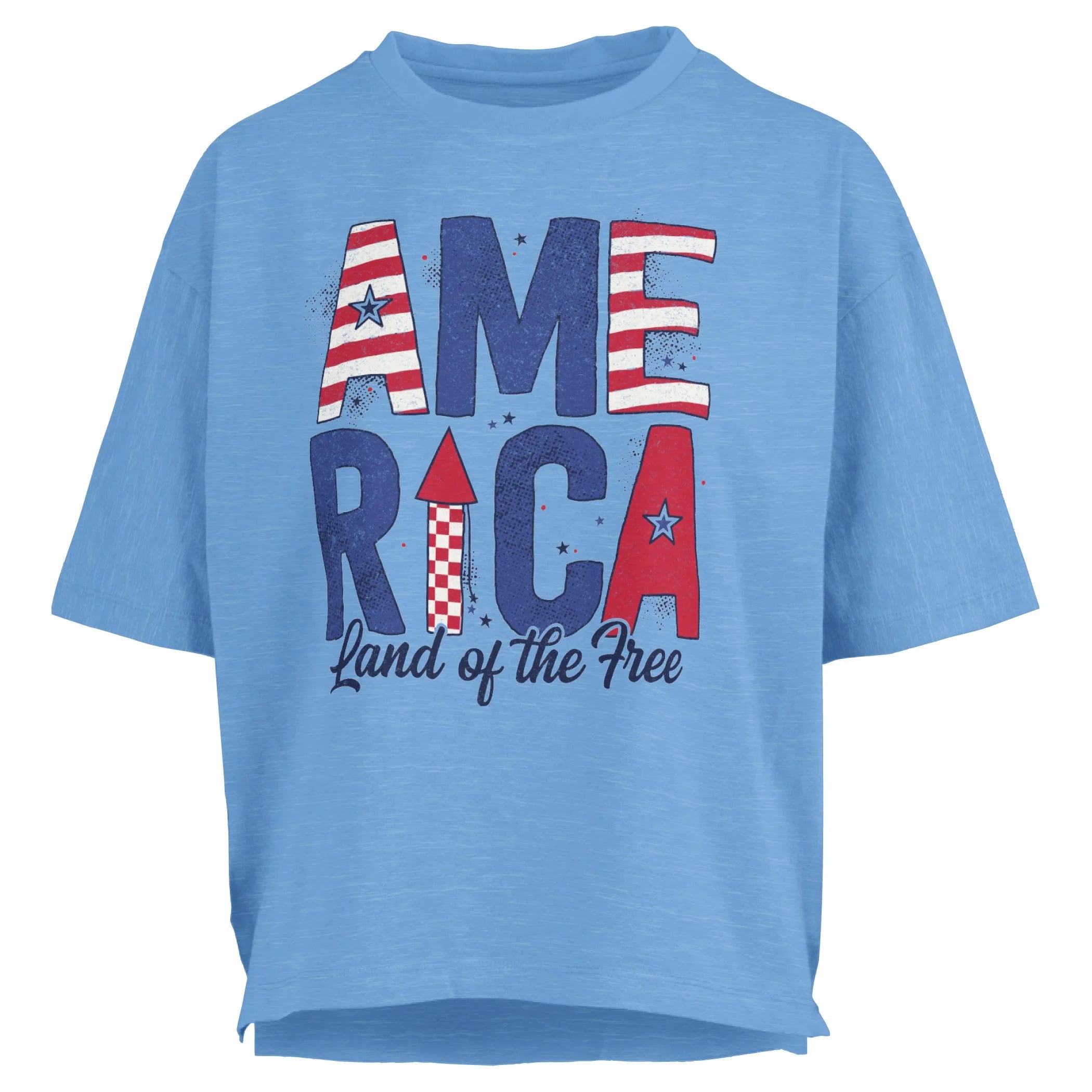 Patriotic graphic tee, slub cotton shirt, 4th of July outfit, American flag t-shirt, boxy fit cotton tee, Land of the Free shirt, women’s patriotic apparel, textured cotton t-shirt. at ooh la la! in Grapevine TX 76051