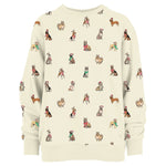 Ivory crewneck sweatshirt with allover illustrated holiday dogs in Christmas accessories pattern