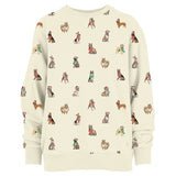 Ivory crewneck sweatshirt with allover illustrated holiday dogs in Christmas accessories pattern