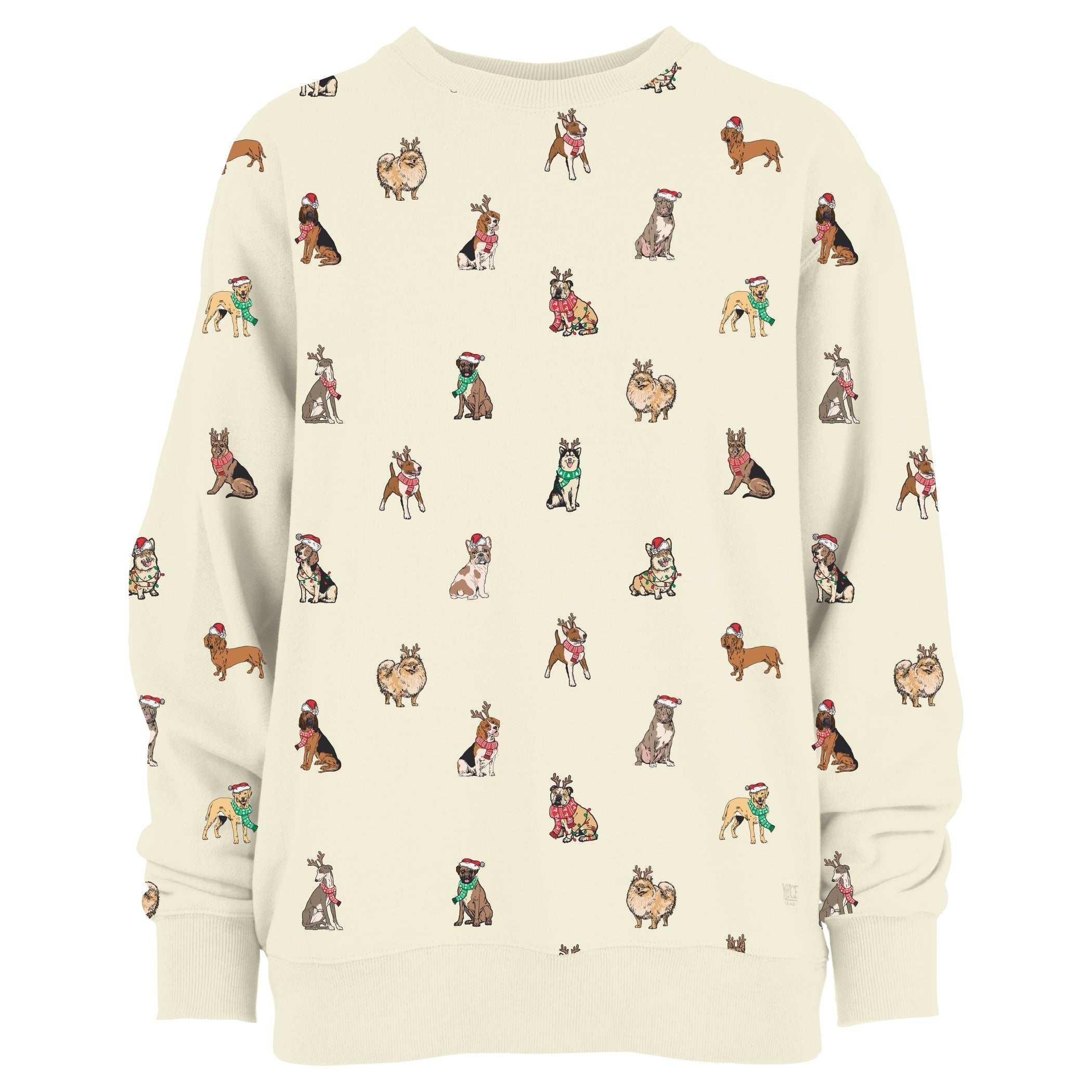 Ivory crewneck sweatshirt with allover illustrated holiday dogs in Christmas accessories pattern