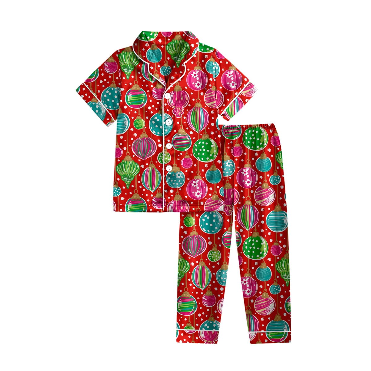 Children's red Christmas pajama set with colorful ornament print, short sleeve top and pants