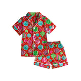 Red Christmas ornament print short-sleeve button-down shirt and matching shorts pajama set