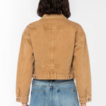 Velvet Heart Shira Desert Storm Studded Jacket in tan denim with silver studs at ooh la la! in Grapevine TX 76051