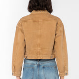Velvet Heart Shira Desert Storm Studded Jacket in tan denim with silver studs at ooh la la! in Grapevine TX 76051