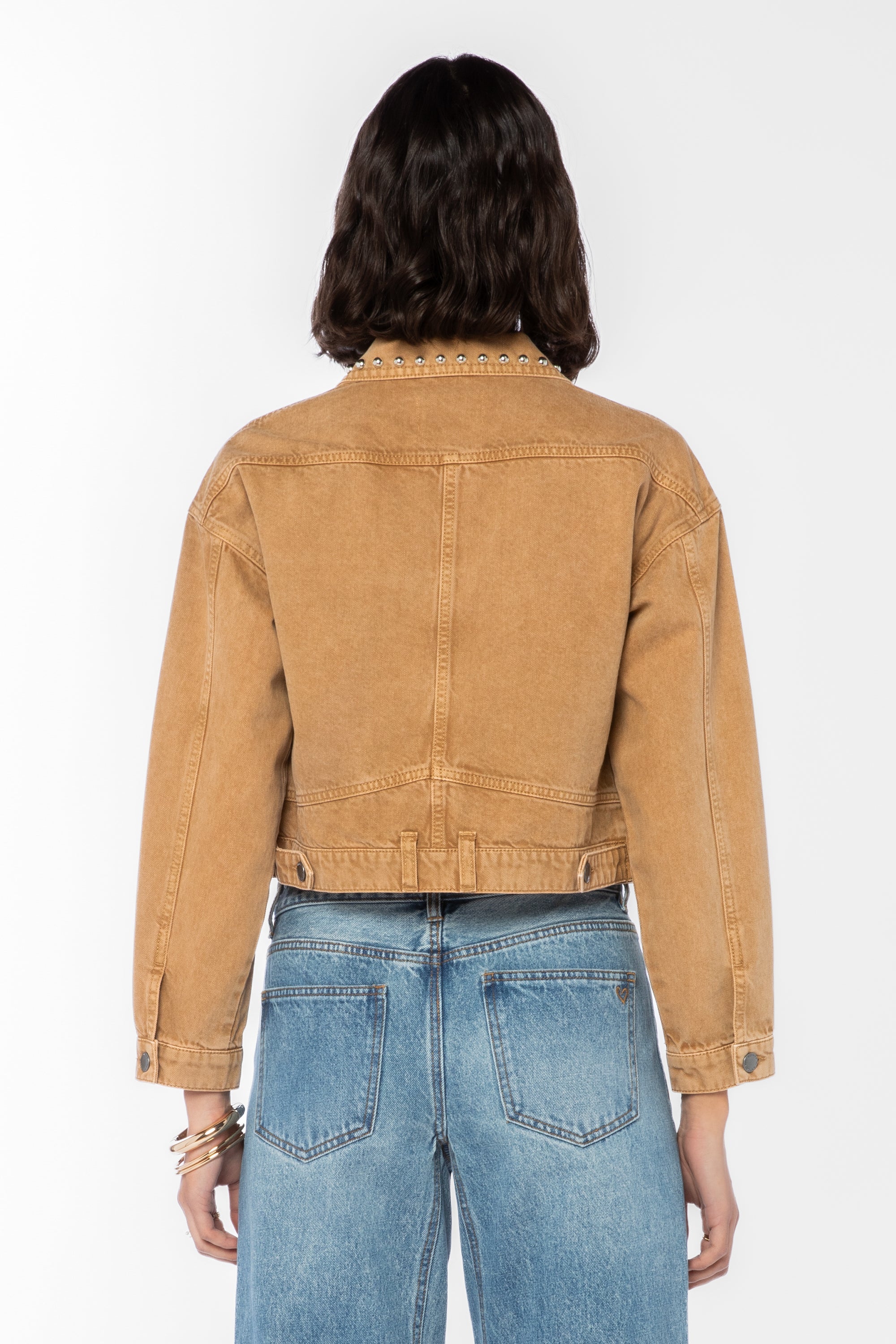 Velvet Heart Shira Desert Storm Studded Jacket in tan denim with silver studs at ooh la la! in Grapevine TX 76051