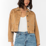 Velvet Heart Shira Desert Storm Studded Jacket in tan denim with silver studs at ooh la la! in Grapevine TX 76051