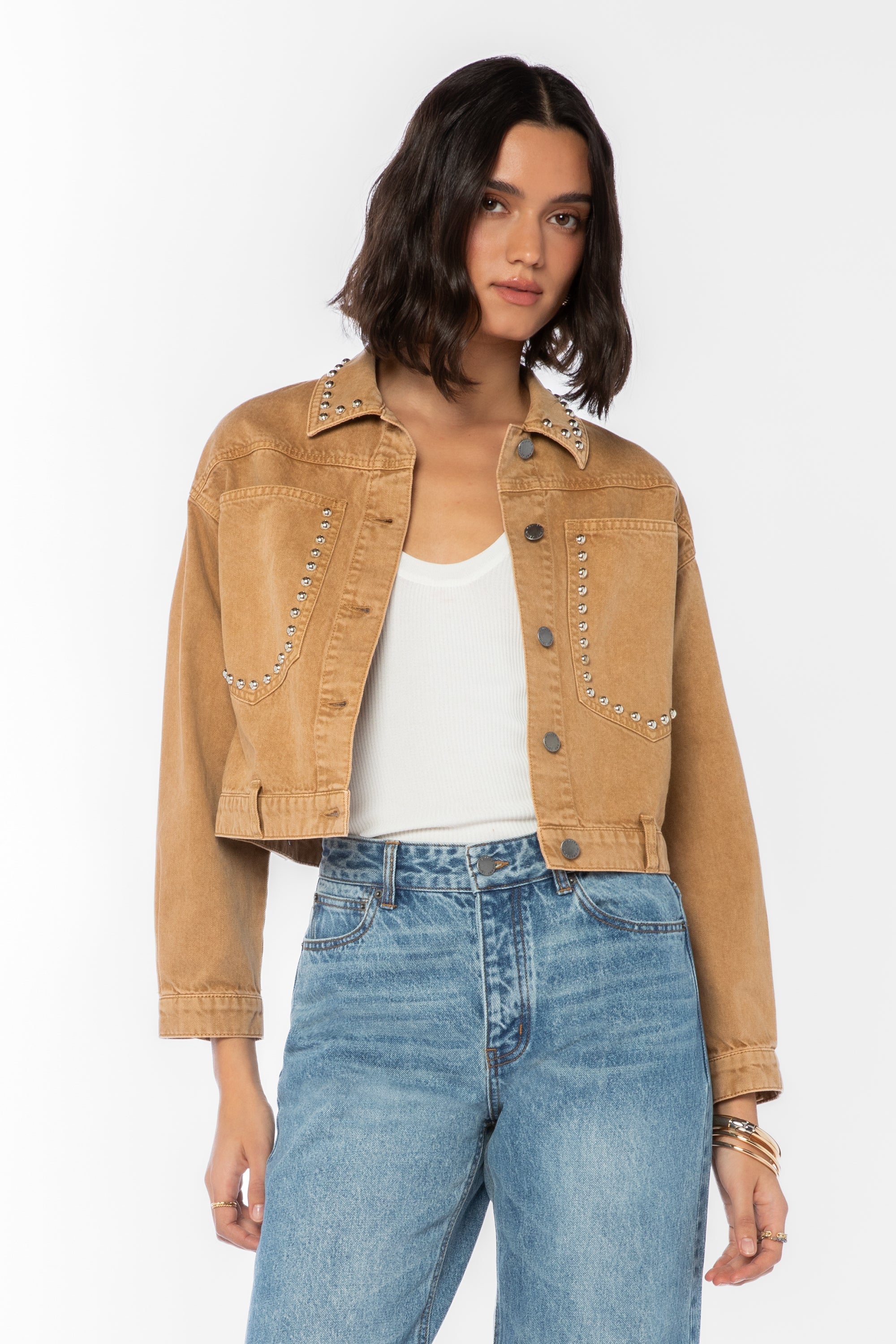 Velvet Heart Shira Desert Storm Studded Jacket in tan denim with silver studs at ooh la la! in Grapevine TX 76051