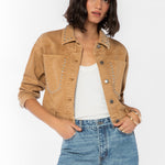 Velvet Heart Shira Desert Storm Studded Jacket in tan denim with silver studs at ooh la la! in Grapevine TX 76051