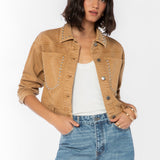 Velvet Heart Shira Desert Storm Studded Jacket in tan denim with silver studs at ooh la la! in Grapevine TX 76051