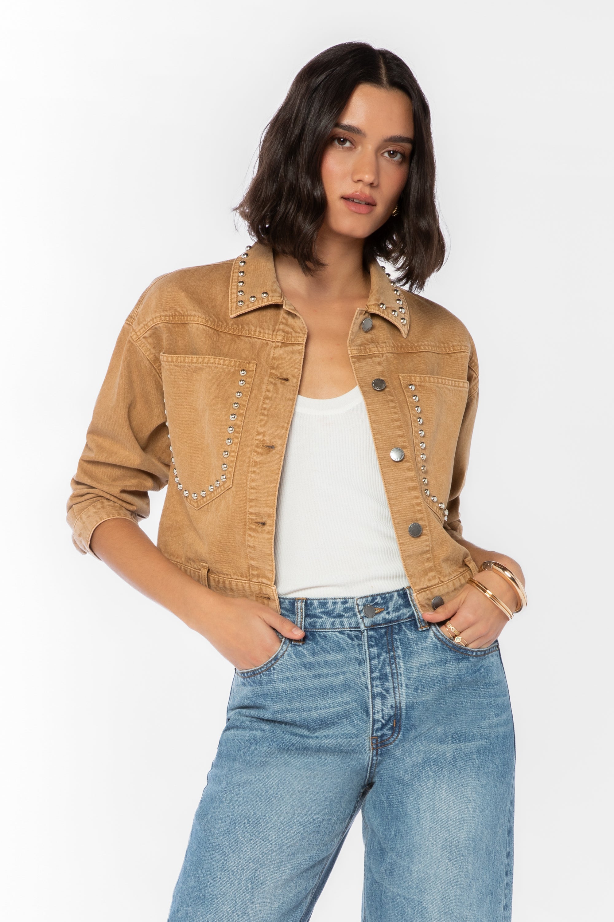 Velvet Heart Shira Desert Storm Studded Jacket in tan denim with silver studs at ooh la la! in Grapevine TX 76051