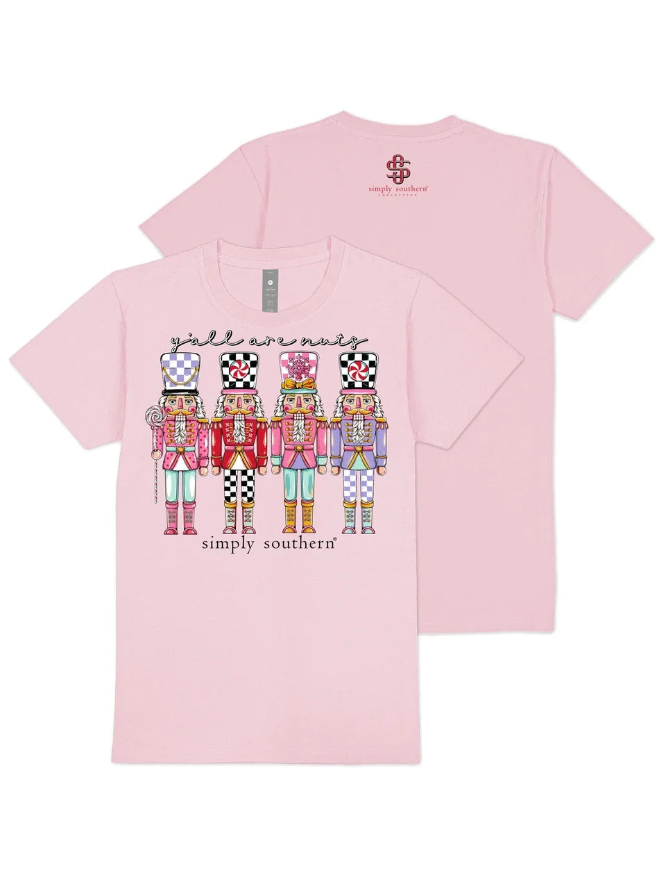 Simply Southern Y'all Are Nuts pink nutcracker graphic tee, front and back view