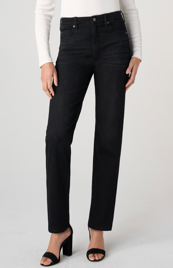 Liverpool Rowan Comfort Waist Slim Jeans in dark Crow Stone black denim on model