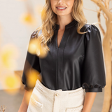Puff Sleeve Faux Leather Top at ooh la la! in Grapevine TX 76051