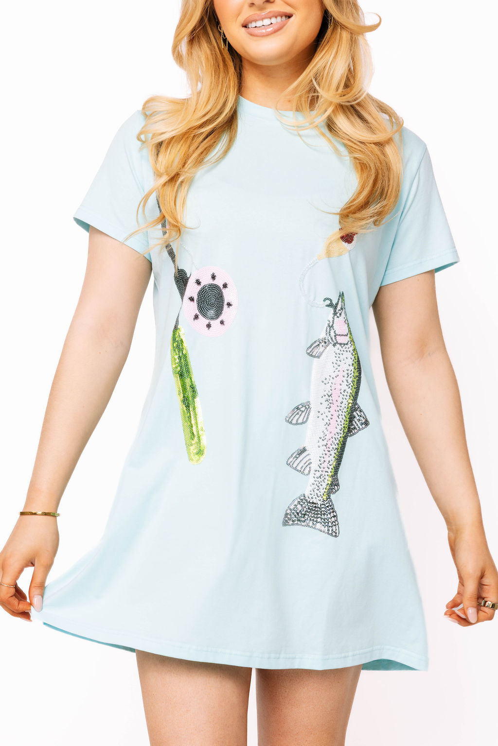 *FINAL SALE* Queen of Sparkles Blue Fish on Fishing Rod Tee Dress Blue / M