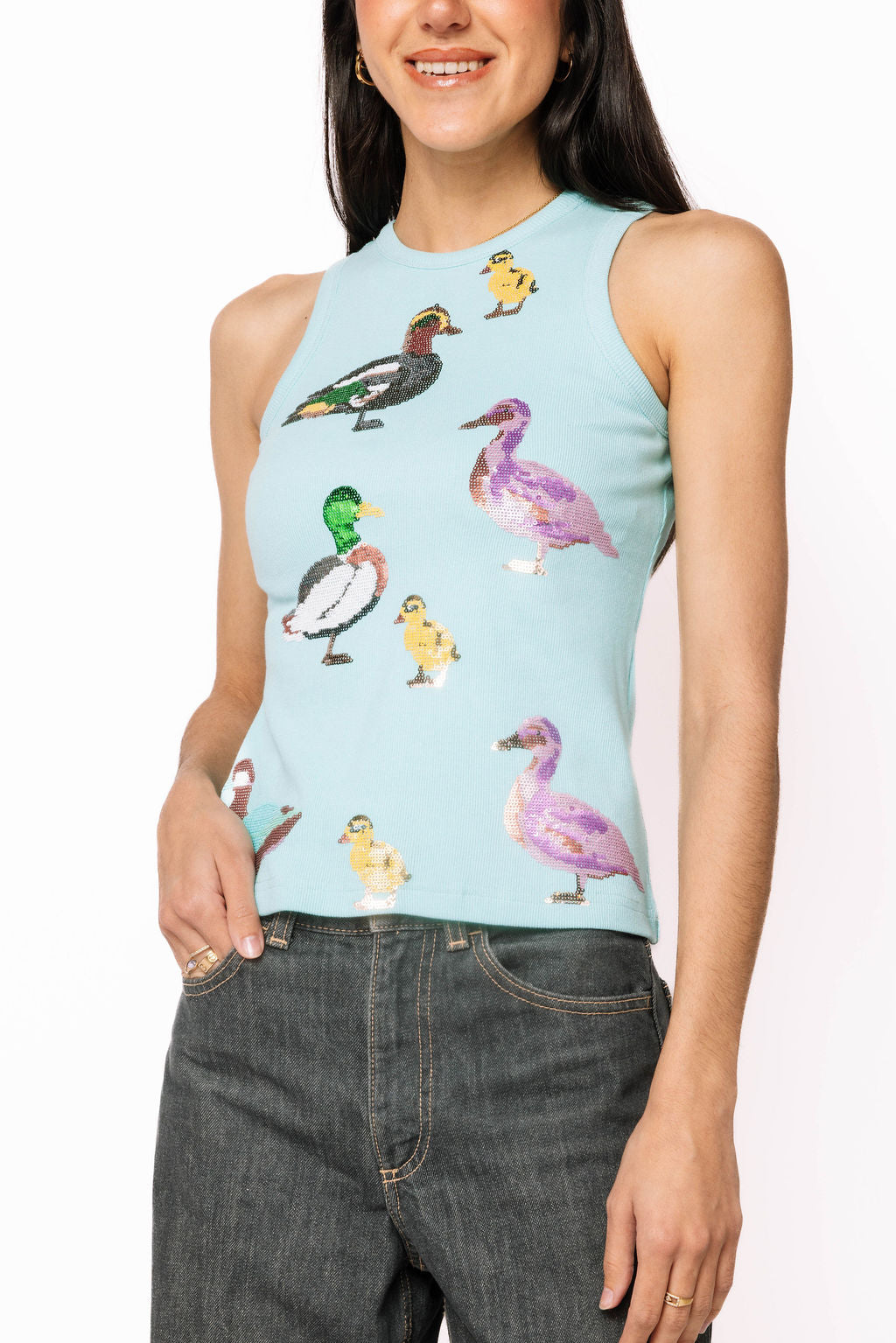 Queen of Sparkles, sequin duck tank, aqua tank top, mallard sequin shirt, boutique fashion, designer tank top, whimsical women's clothing, sequin animal top. at ooh la la! in Grapevine TX 76051