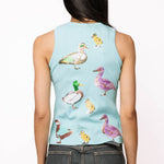Queen of Sparkles, sequin duck tank, aqua tank top, mallard sequin shirt, boutique fashion, designer tank top, whimsical women's clothing, sequin animal top. at ooh la la! in Grapevine TX 76051