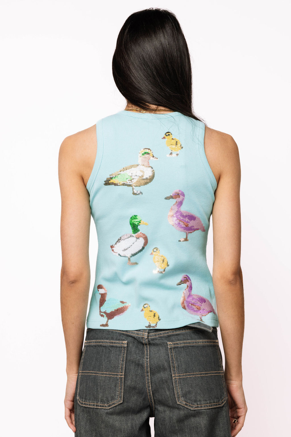 Queen of Sparkles, sequin duck tank, aqua tank top, mallard sequin shirt, boutique fashion, designer tank top, whimsical women's clothing, sequin animal top. at ooh la la! in Grapevine TX 76051
