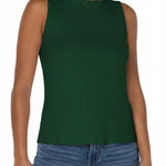 Liverpool sleeveless high boatneck ribbed knit top in hunter green paired with jeans