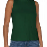 Liverpool sleeveless high boatneck ribbed knit top in hunter green paired with jeans