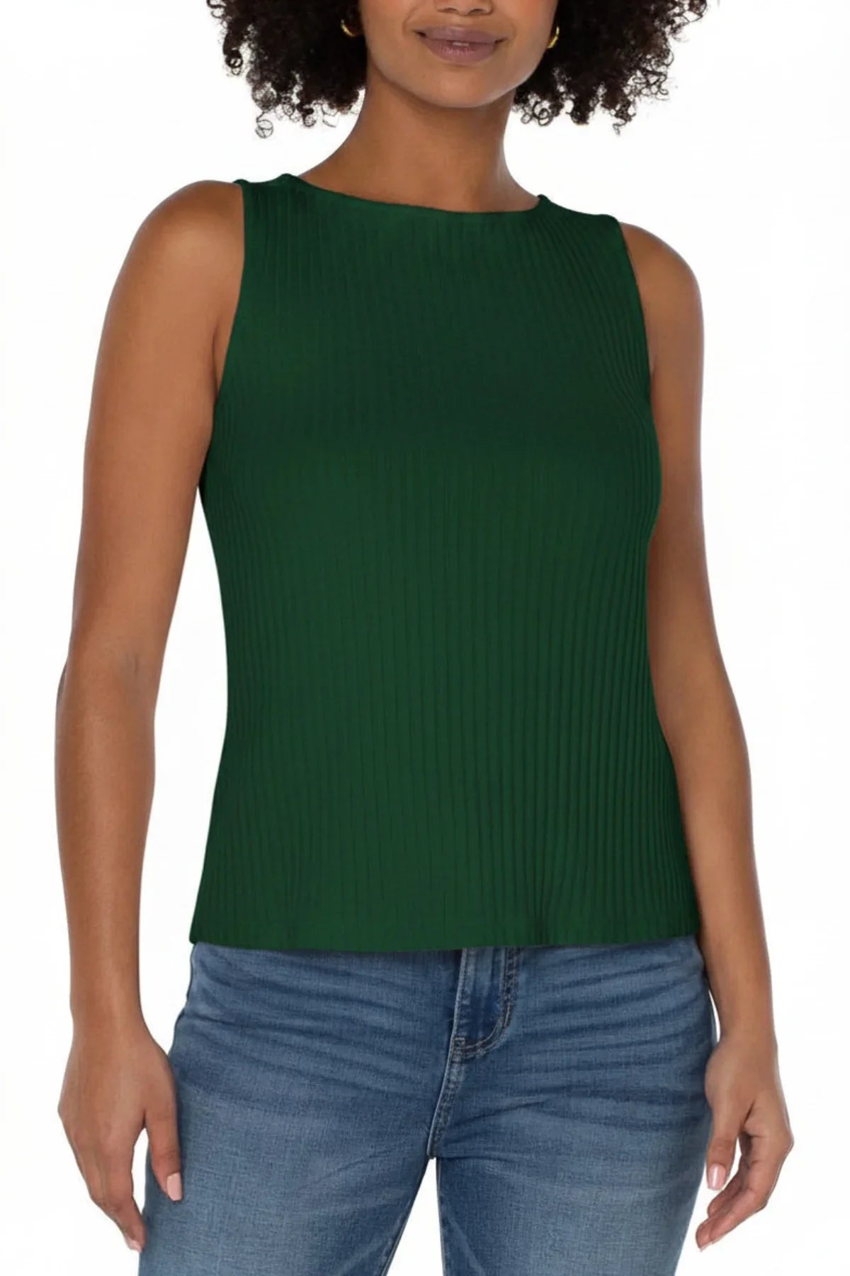 Liverpool sleeveless high boatneck ribbed knit top in hunter green paired with jeans