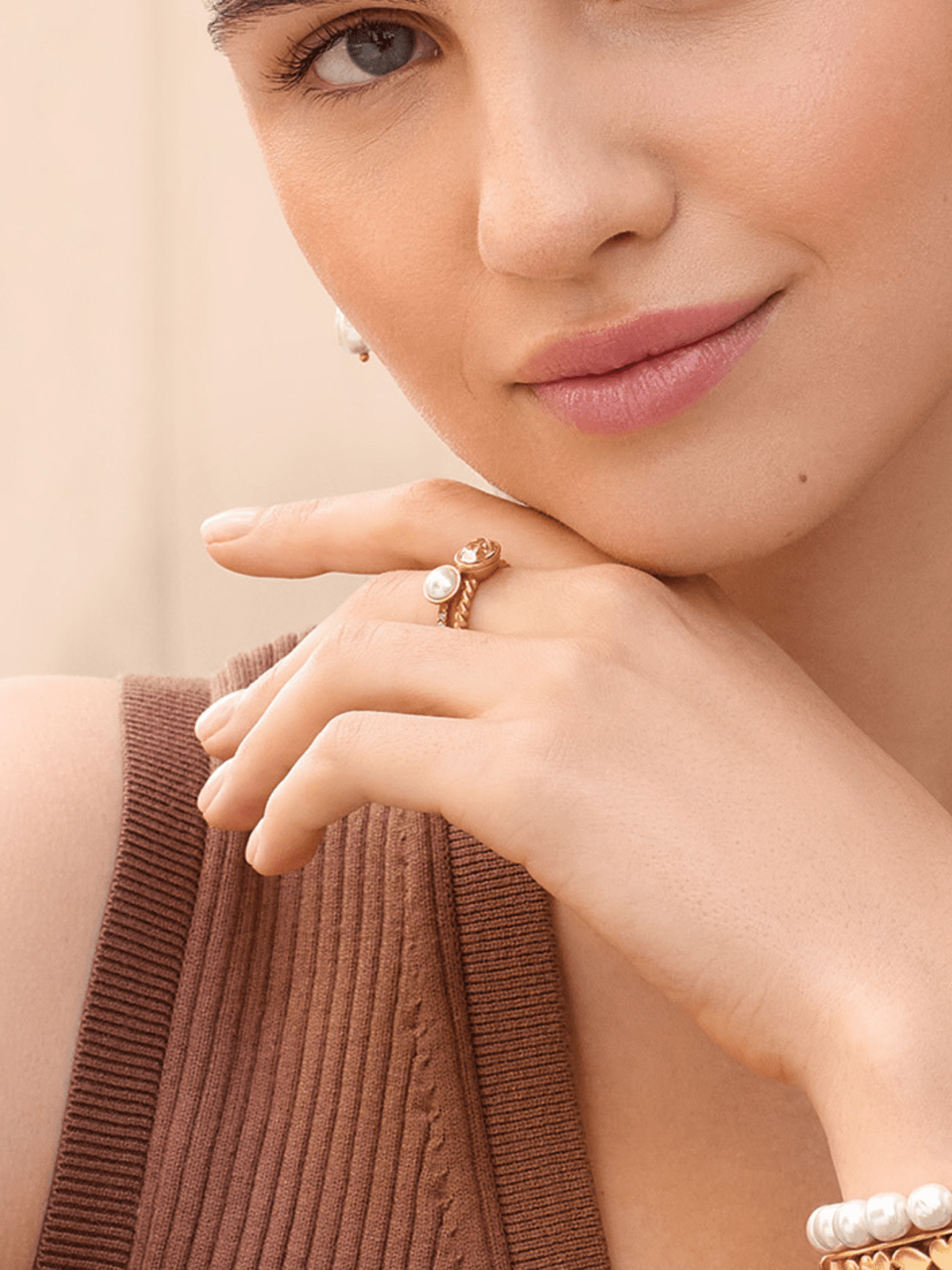 Woman wearing Brighton Trust Your Journey Double Pearl Ring Set at ooh la la in Grapevine TX 76051