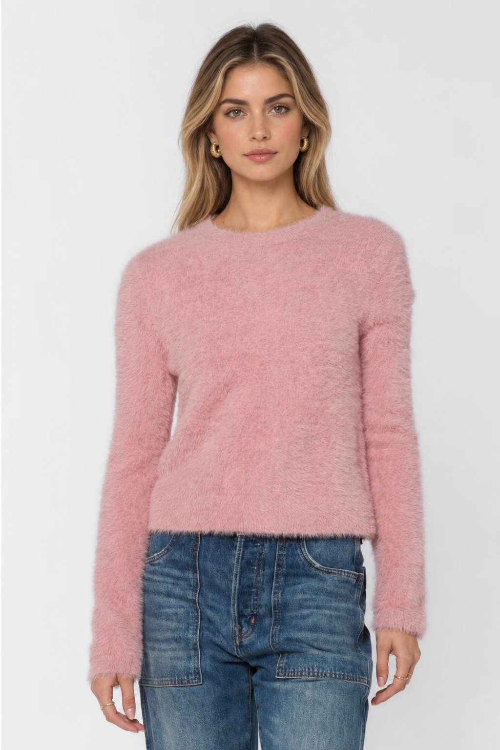 Velvet Heart Harmony Fluffy Sweater in Winter Mauve worn with blue jeans