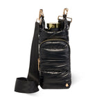 Wanderfull black shiny quilted HydroBag with gold hardware and crossbody strap