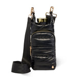 Wanderfull black shiny quilted HydroBag with gold hardware and crossbody strap