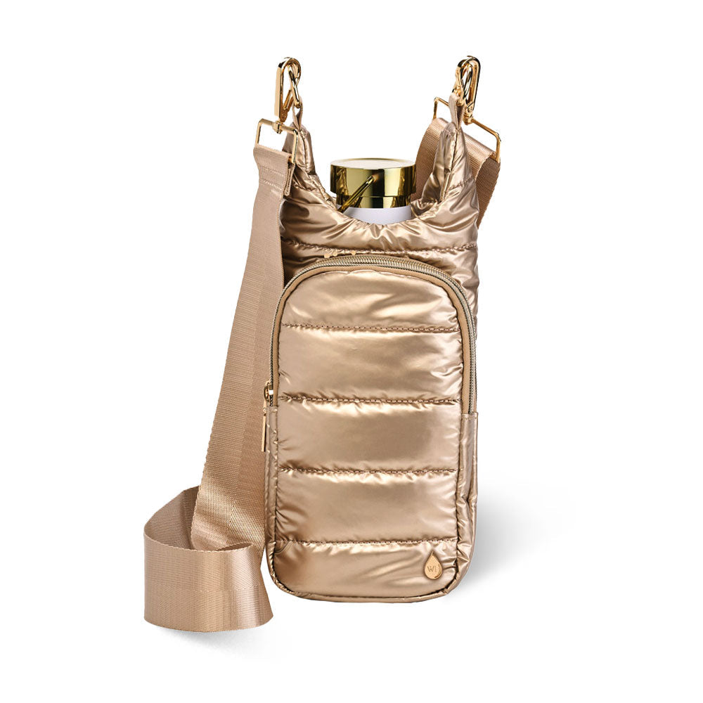 Wanderfull Gold Shiny HydroBag with matching gold strap and water bottle inside