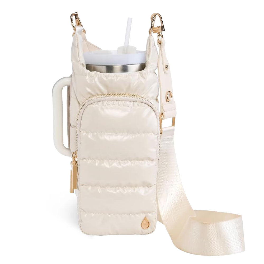 Wanderfull HydroBag Handle in ivory lacquer puffer style with gold hardware and crossbody strap