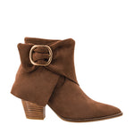 Corky's Wine O'Clock chestnut brown suede ankle boot with gold buckle wrap detail at ooh la la! in Grapevine TX 76051