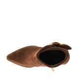 Corky's Wine O'Clock chestnut brown suede ankle boot with gold buckle wrap detail at ooh la la! in Grapevine TX 76051