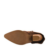 Corky's Wine O'Clock chestnut brown suede ankle boot with gold buckle wrap detail at ooh la la! in Grapevine TX 76051