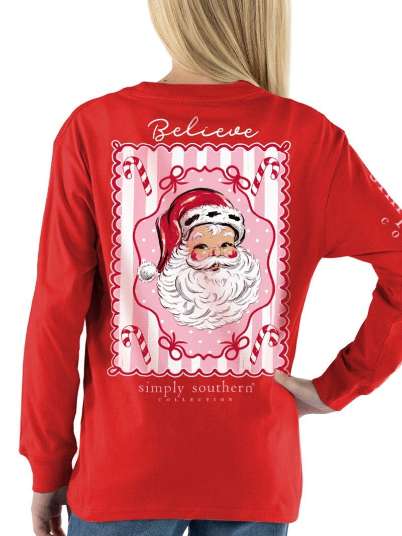 Simply Southern Believe Vintage Santa long sleeve red tee shown from back