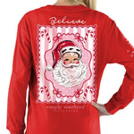 Simply Southern Believe Vintage Santa long sleeve red tee shown from back