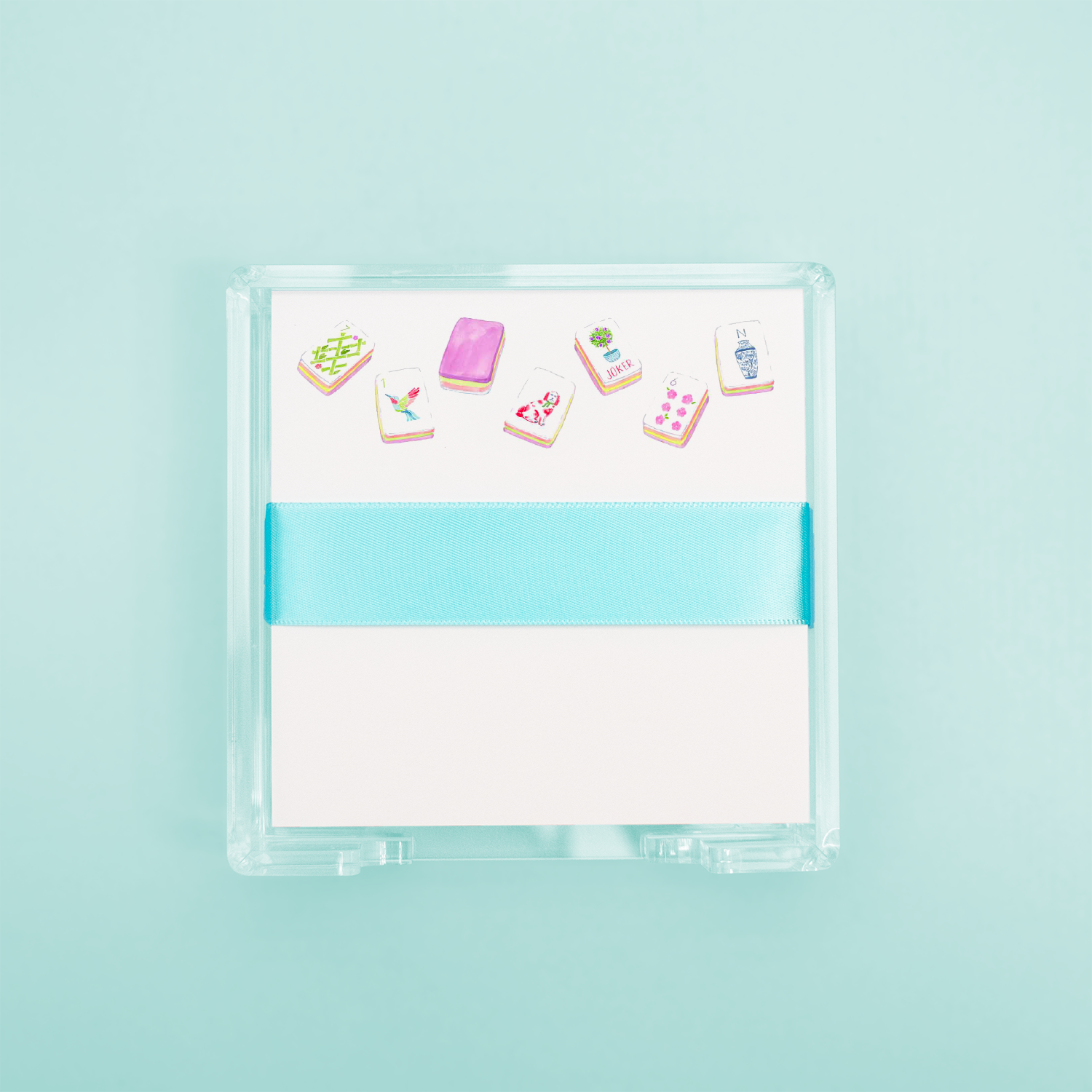 Taylor Paladino desk set with mahjong tile illustrated notepad in clear acrylic holder with teal ribbon at ooh la la! in Grapevine TX 76051